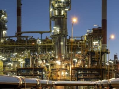 Panoramic view of an industrial oil refinery at twilight. The complex structure is illuminated with bright lights, highlighting various machinery and towering chimneys. In the foreground, metallic pipelines extend towards the refinery.