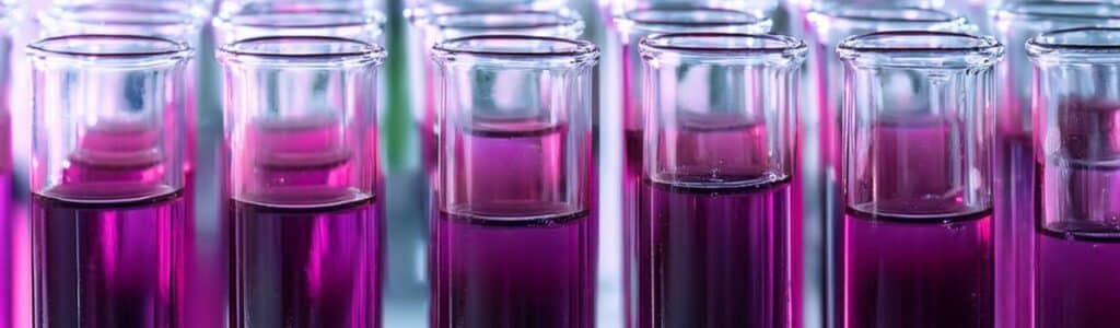 Rows of test tubes filled with a vibrant pink liquid are arranged closely together. The glass tubes are transparent, allowing the pink hue to stand out against a blurred background. The image conveys a scientific or laboratory setting.