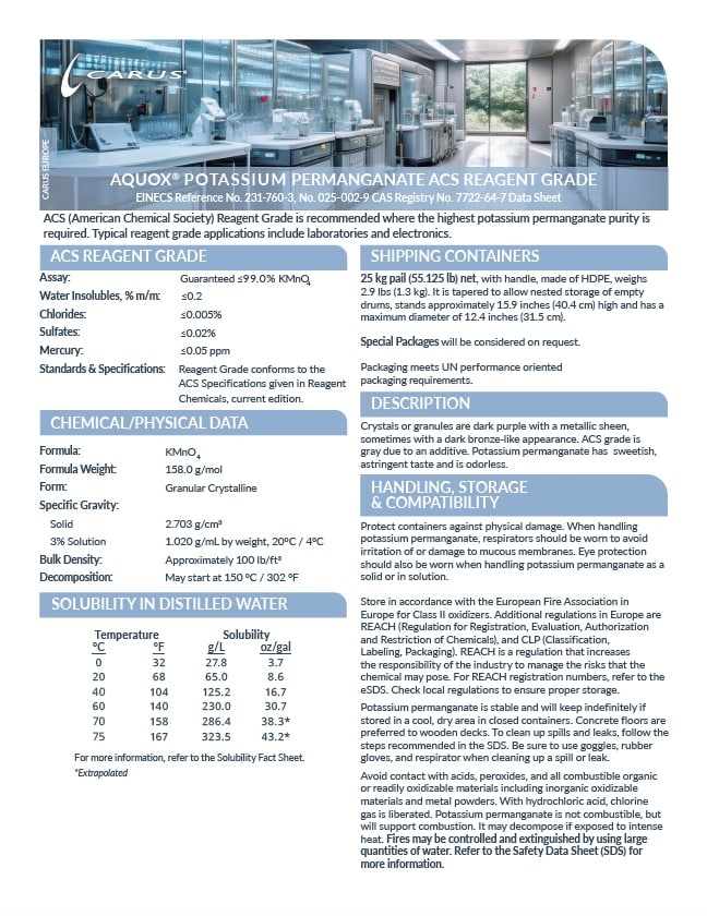 AQUOX ACS Reagent Grade Potassium Permanganate Data Sheet Cover Image