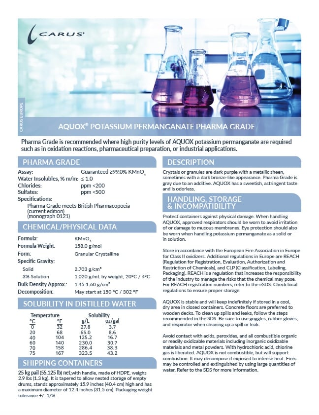 AQUOX Pharma Grade Potassium Permanganate Data Sheet Cover Image