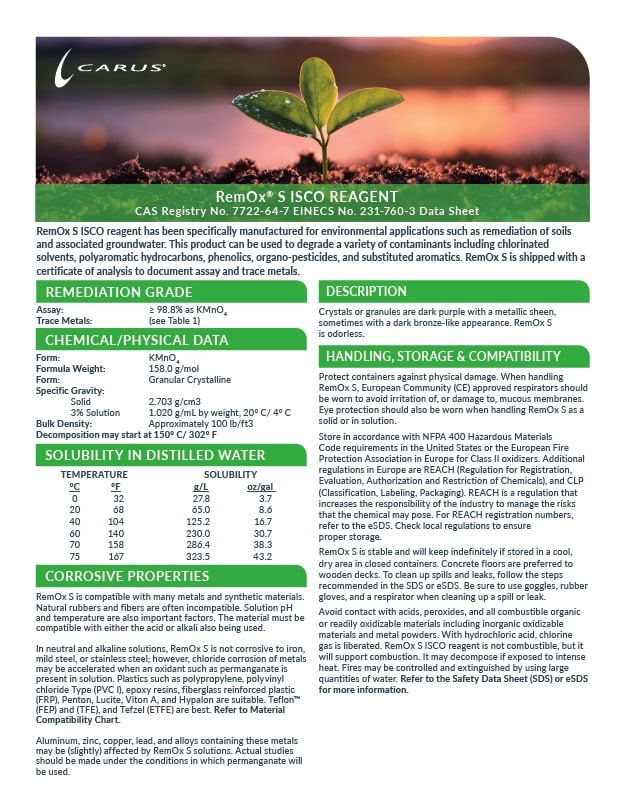 RemOx S ISCO Reagent Potassium Permanganate Product Data Sheet Cover Image