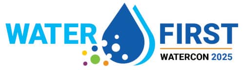 Logo for WATERCON 2025 featuring the words "Water First" with a large blue water droplet in the center and colorful bubbles below it. The event name "WATERCON 2025" is written underneath.