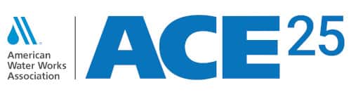 Logo for the American Water Works Association ACE25 conference, featuring a blue water droplet icon, the association’s name, and large blue text reading "ACE25.