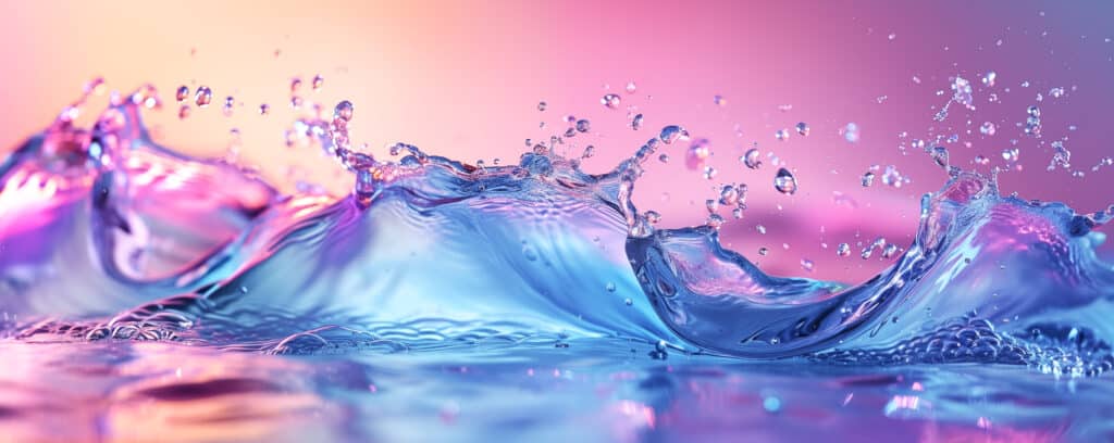 A close-up of water splashing, with droplets suspended in the air. The water reflects vibrant pink, purple, and blue hues, creating a dreamy, colorful effect against a softly blurred background.