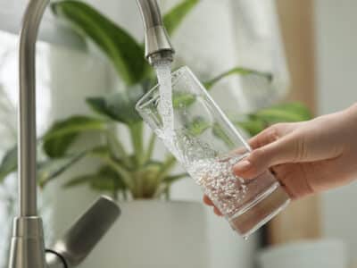 A hand holds a clear glass under a kitchen faucet, filling it with water. A green potted plant is visible in the blurred background near a window.