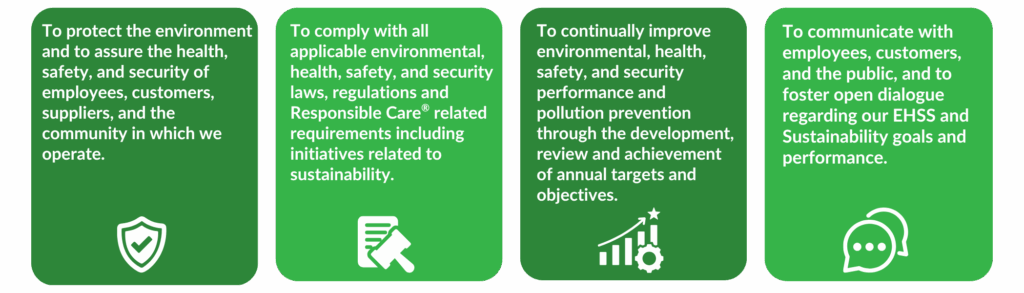 A graphic showing four green pillars showing the Environmental, Health, Safety & Security policy of Carus. To protect the environment and to assure the health, safety, and security of employees, customers, suppliers and the community in which we operate; To comply with all applicable environmental, health, safety, and security laws, regulations and Responsible Care ® related requirements including initiatives related to sustainability; To continually improve environmental, health, safety, and security performance and pollution prevention through the development, review and achievement of annual targets and objectives; and, to communicate with employees, customers, and the public, and to foster open dialogue regarding our EHSS and Sustainability goals and performance.