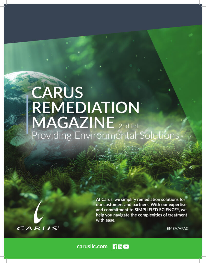 Magazine cover with the title "Carus Remediation Magazine, 2nd Ed. Providing Environmental Solutions." The background features a lush green forest floor and Earth in the distance. Carus logo and website appear at the bottom.