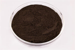 A clear glass petri dish filled with fine, dark brown or black powder sits on a white background.