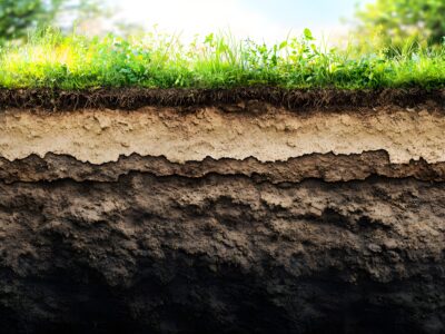 A cross-section of earth shows layers of soil beneath green grass and small plants, with sunlight illuminating the scene and blurred trees in the background.