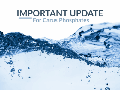 Text "IMPORTANT UPDATE For Carus Phosphates" appears above a blue splash of water with droplets, set against a white background.