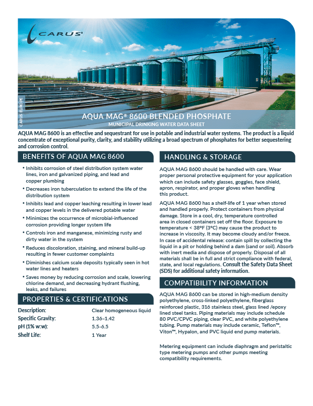Data sheet for AQUA MAG® 8600 Blended Phosphate shows benefits, handling, properties, and SDS info, with an image of large storage tanks under a blue sky at the top.