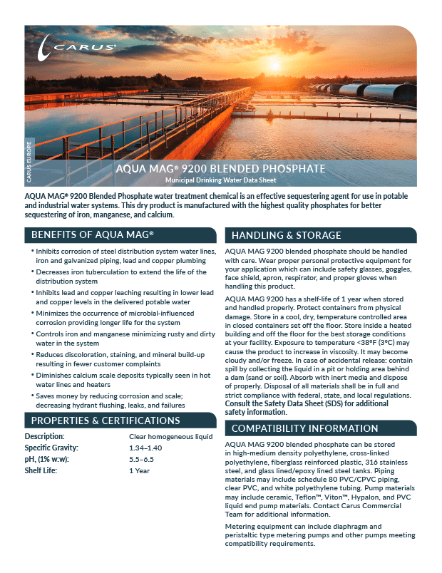 A promotional sheet for AQUA MAG® 9200 blended phosphate, featuring a large photo of a water treatment facility at sunset and text detailing the product's benefits, properties, certifications, and handling/storage information.