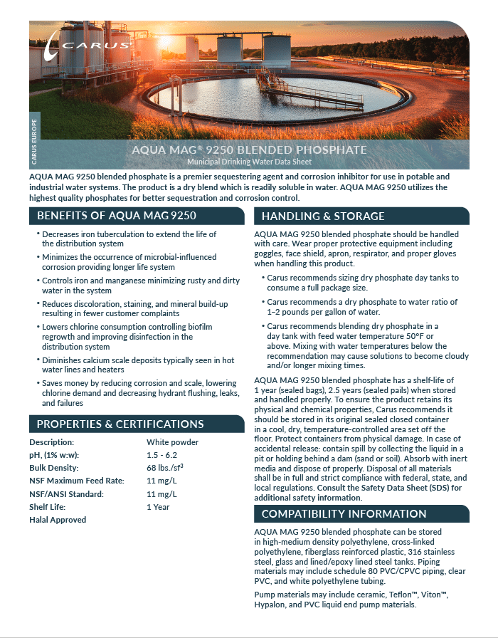 A product information sheet for CARUS AQUA MAG 9250 Blended Phosphate, showing a water treatment facility image at the top and details on benefits, handling, properties, certifications, and applications below.