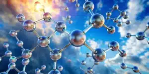A close-up 3D rendering of shiny metallic molecules connected by rods, floating against a vibrant sky with clouds and sunlight. The image represents molecular or atomic structure in a scientific or futuristic context.