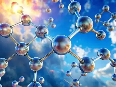 A close-up 3D rendering of shiny metallic molecules connected by rods, floating against a vibrant sky with clouds and sunlight. The image represents molecular or atomic structure in a scientific or futuristic context.