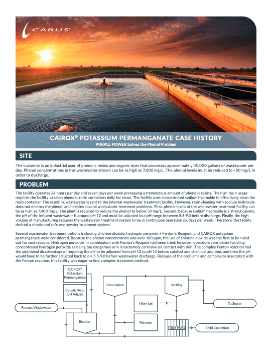 A case study document featuring a large outdoor water treatment facility at sunset. Below the image, text describes how potassium permanganate is used to solve phenol problems in wastewater. A process flow diagram is shown at the bottom.