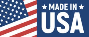 A graphic with part of the American flag on the left and the text "MADE IN USA" with stars on a blue background on the right.