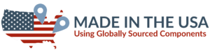Map of the United States filled with the American flag pattern, location markers, and the text "MADE IN THE USA Using Globally Sourced Components" beside it.