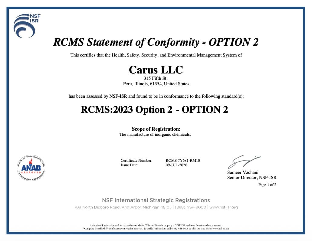 Certificate for Carus LLC showing RCMS:2023 Option 2 conformity, scope as "the manufacture of inorganic chemicals," issued by NSF-ISR, with logos and official signature.