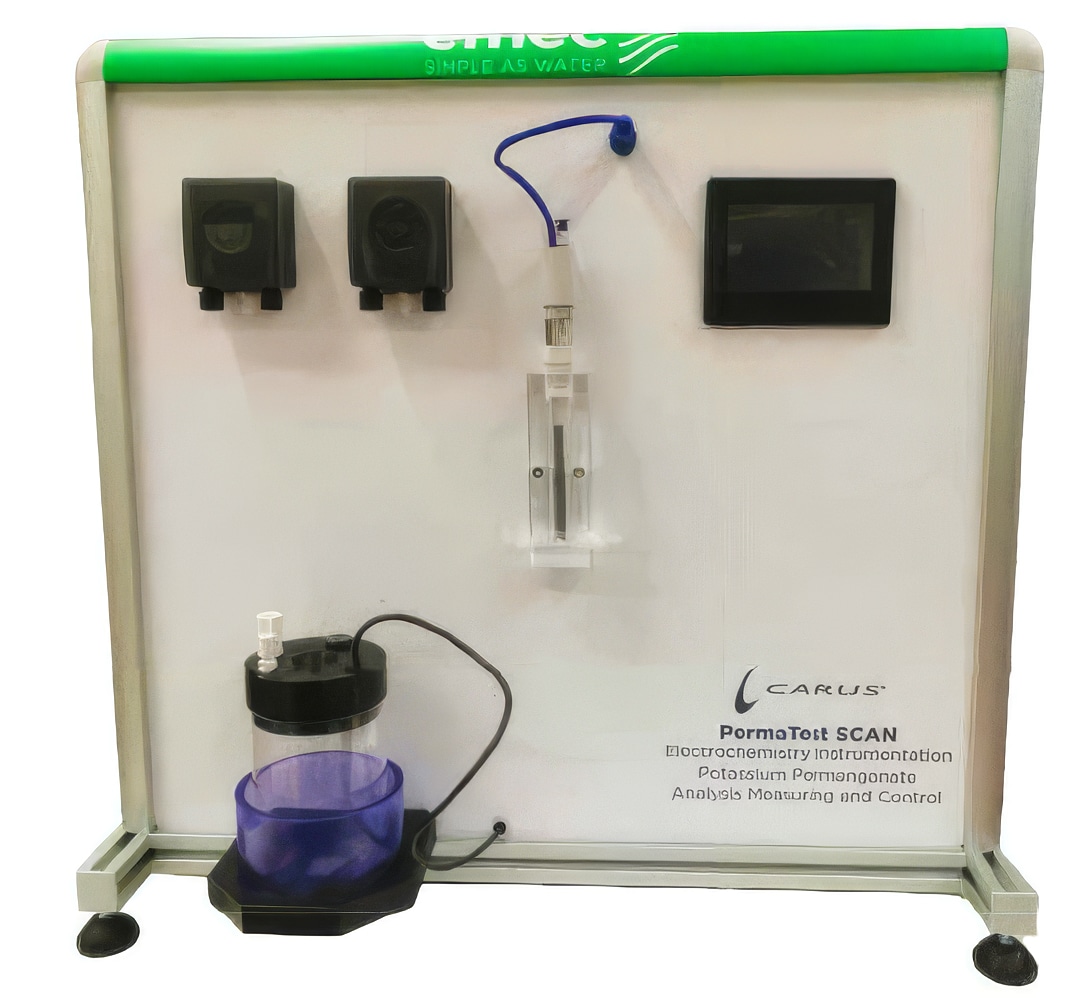 A laboratory device labeled “ParmaTest SCAN” with a screen, containers, tubing, and a blue-lidded vessel, used for electrochemistry instrumentation and analysis.