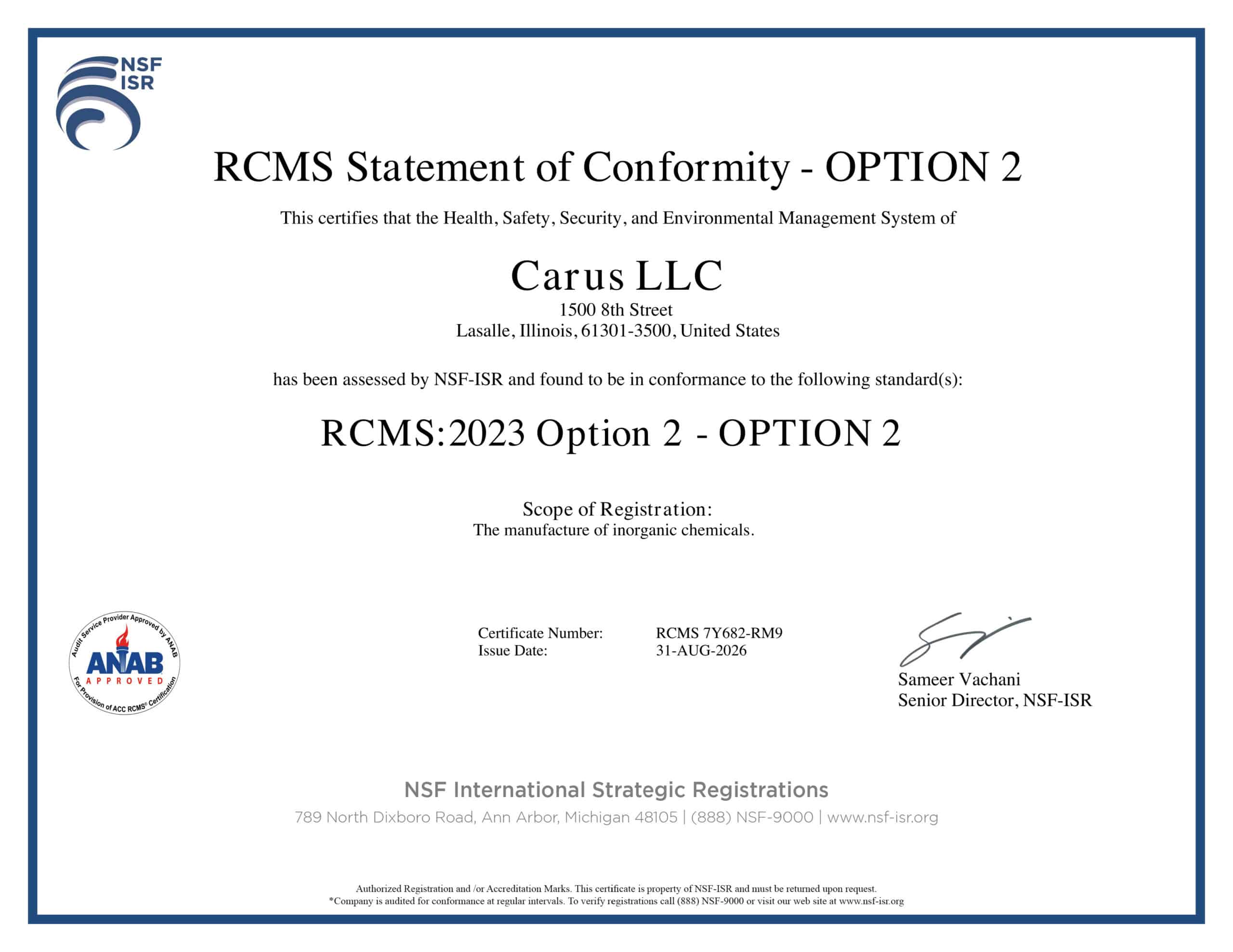Certificate for Carus LLC by NSF-ISR, confirming conformity with RCMS:2023 Option 2 for health, safety, security, and environmental management, issued August 31, 2023, signed by a senior director.